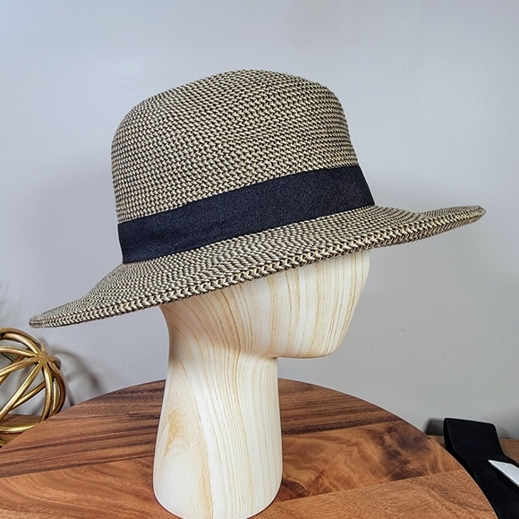 Jeanne Simmons Black and Tan Woven Sun Hat Women's One Size Summer Vacation - Picture 4 of 14